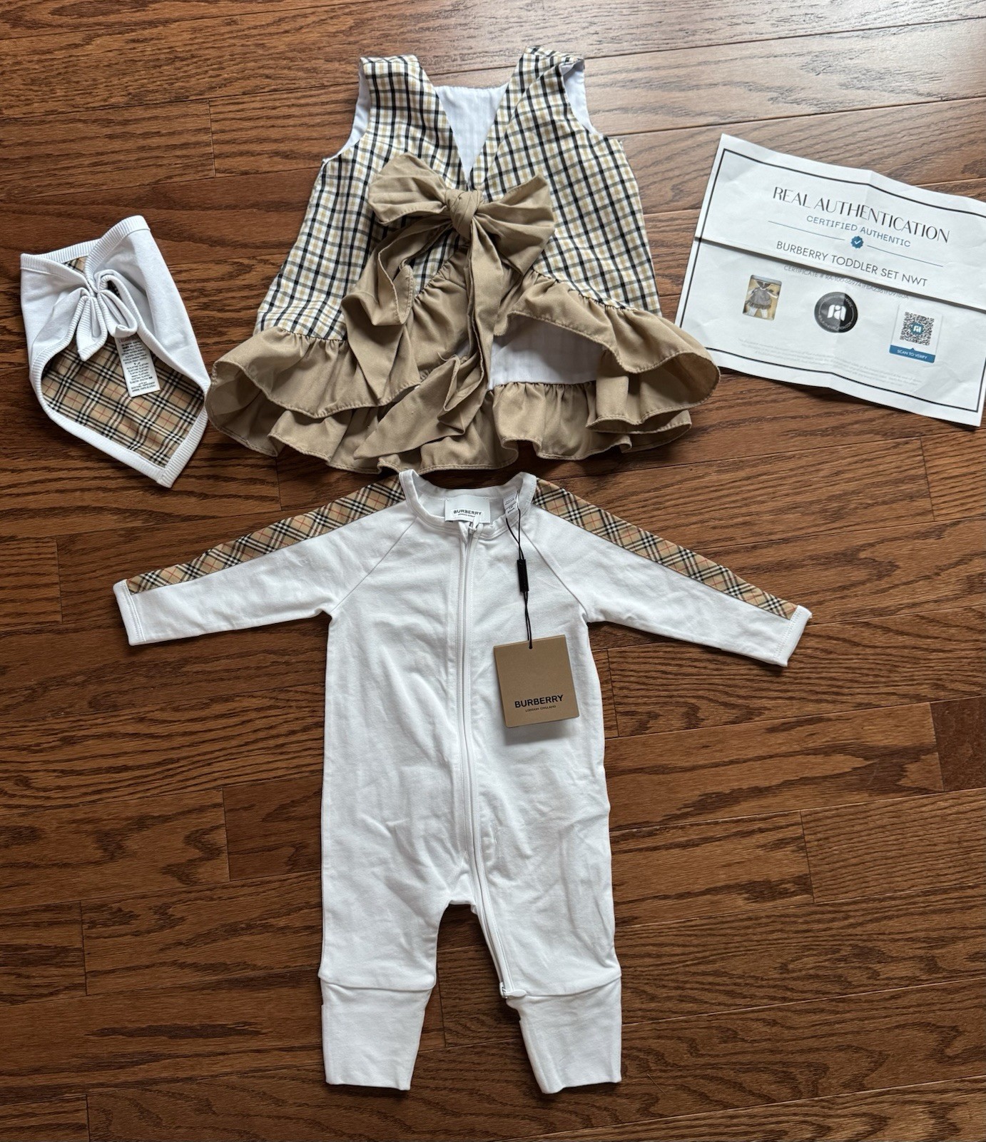 Burberry Baby Mini Check Panel Romper (1M), Ruffle Dress (18M) & Bib Set NWT