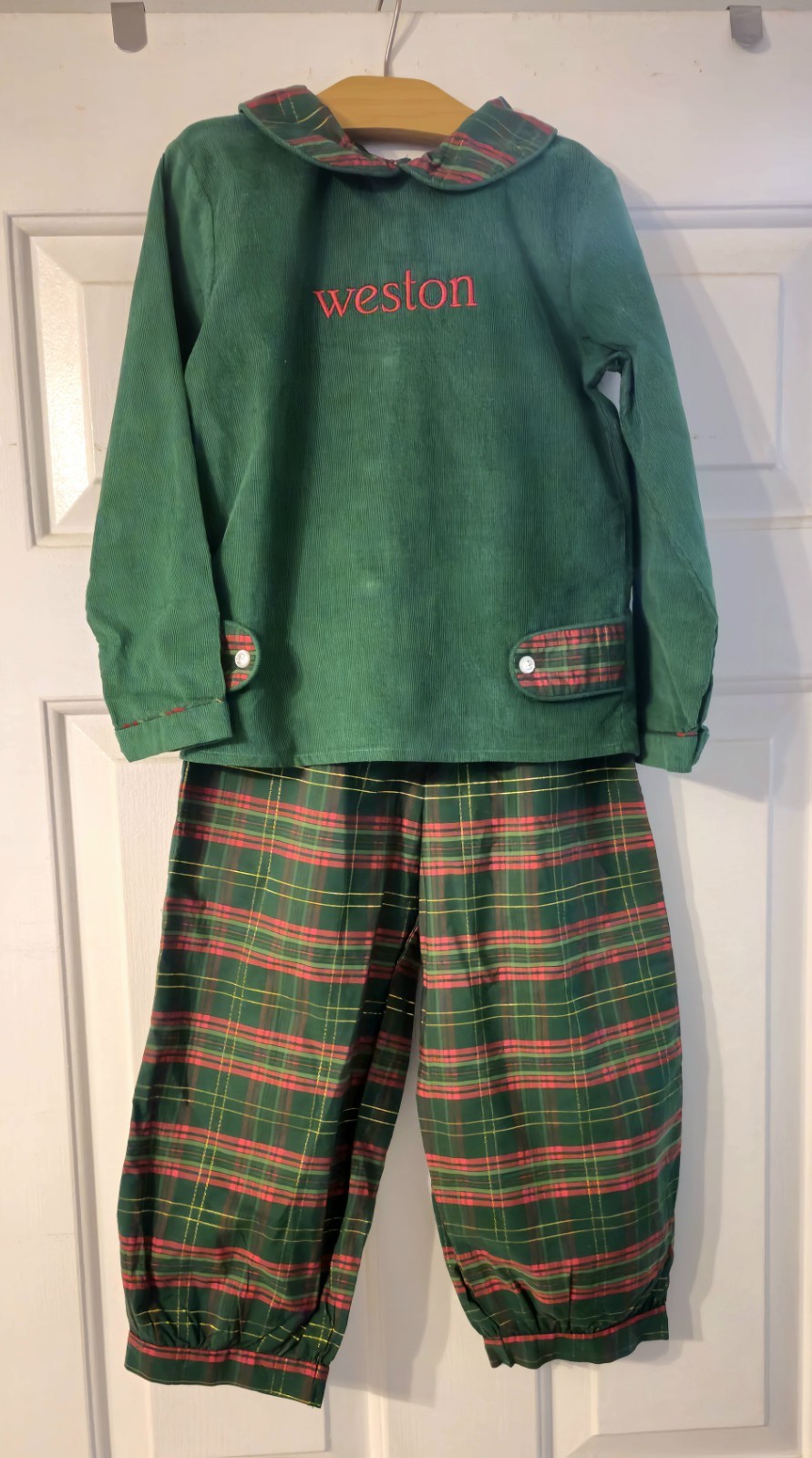 ELIZA JAMES KIDS “WESTON” MONOGRAM 2 PC GREEN TARTAN PLAID CHRISTMAS OUTFIT NEW