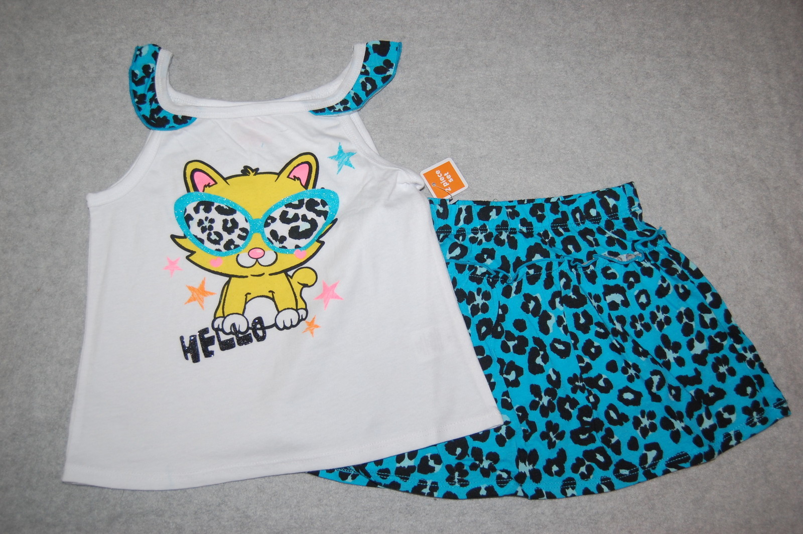 Toddler Girls TANK TOP & SKORT Cat Sunglasses TURQUOISE BLACK Leopard Spot 4T