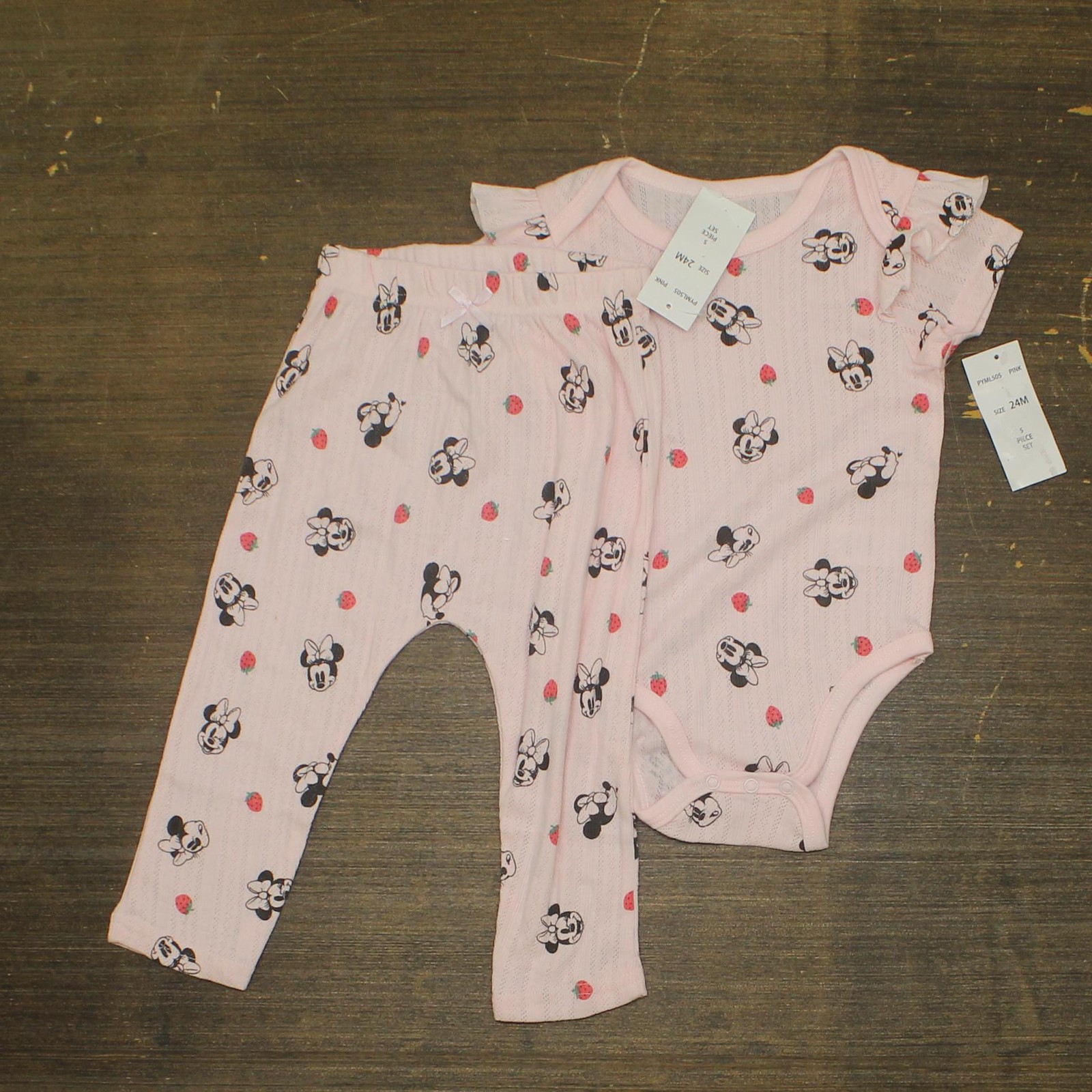 Disney Ribbed Textured Bodysuit and Pants Set with Ruffle Sleeves Pink 24M