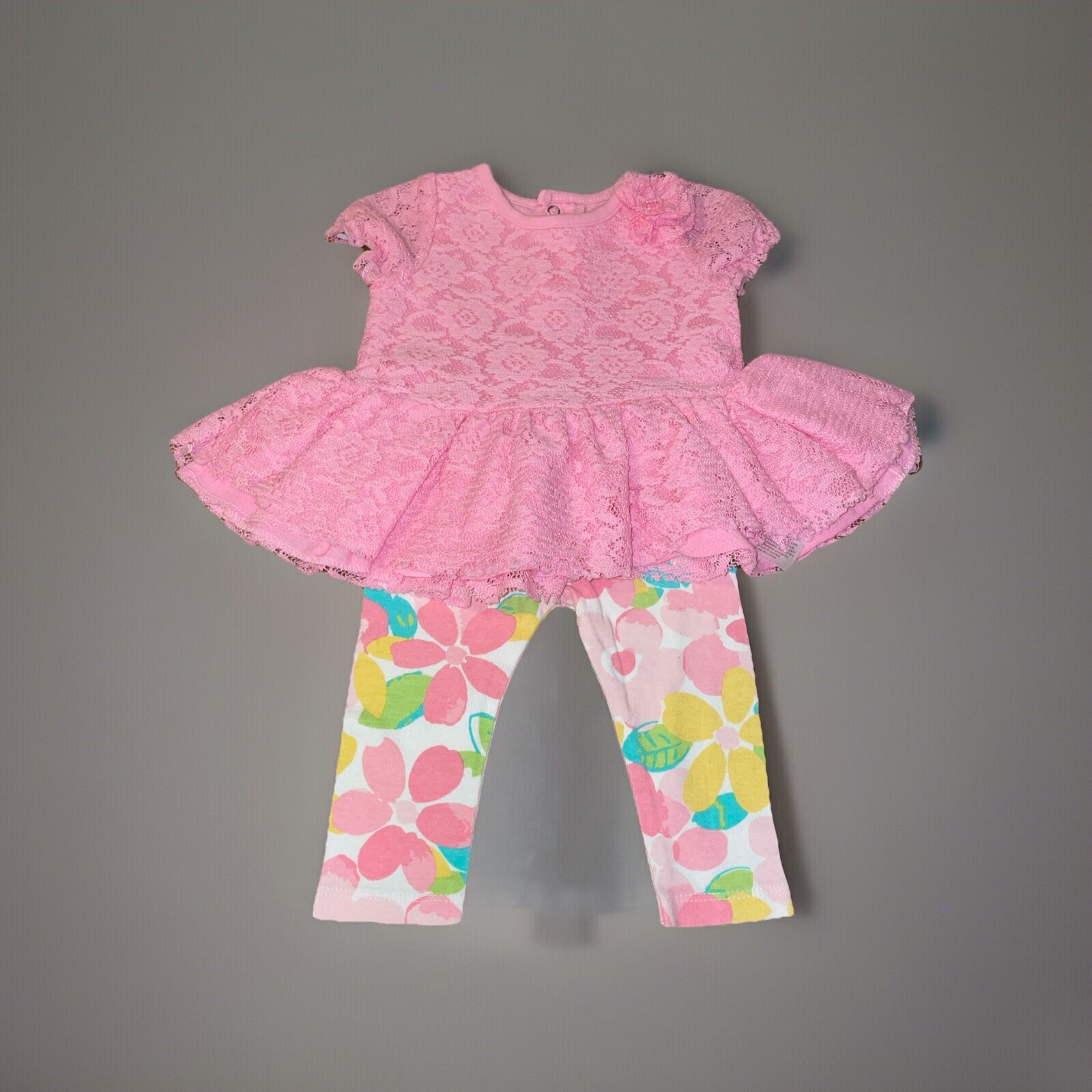 Baby Starter Pink 2 Piece Outfit Ruffled Lace Top Floral Pants 6M