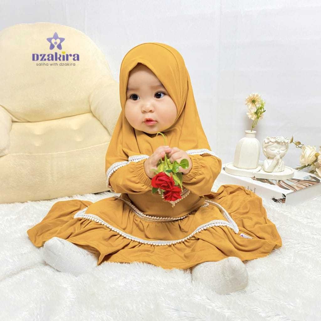Baby Girl Muslim Dress 0-3Y Kirana Premium Jersey Twist Pom-Pom Lace Mustard
