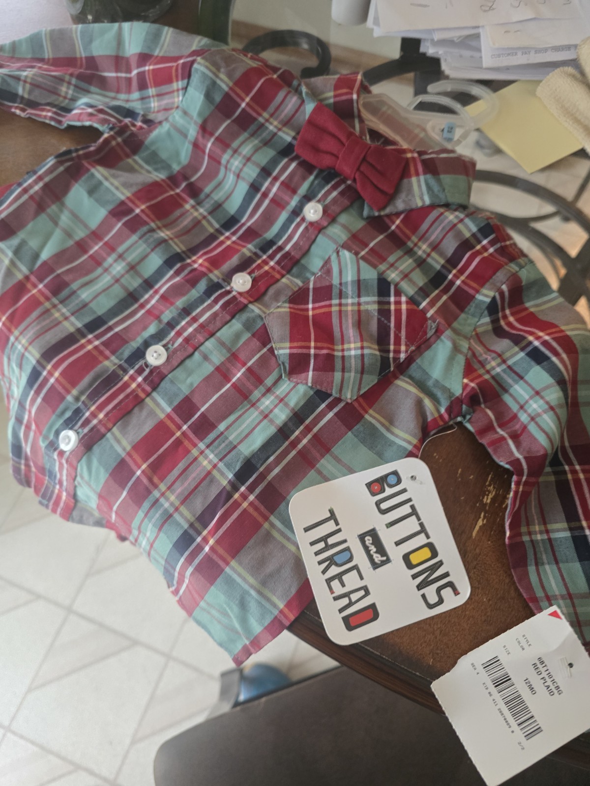 BOYS BUTTONS AND THREAD PLAID SHIRT & RED PANTS W/ BOWTIE