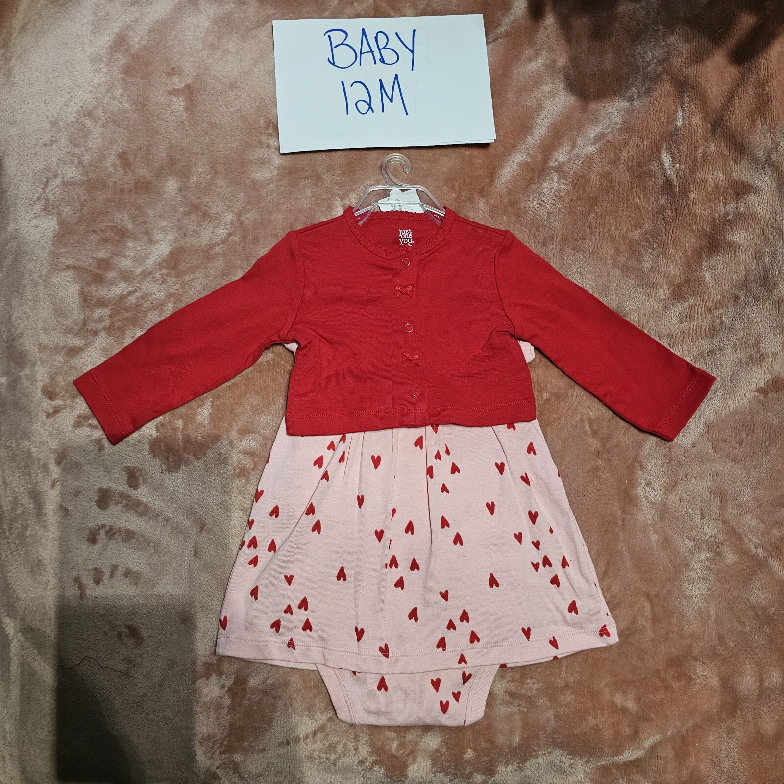 New Baby Girls 12M Carters Hearts Snapsuit Dress & Cardigan 2 Piece Set NWT