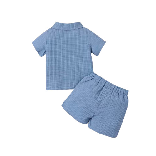 2‑Piece Baby Boy Fashion Set – Woven Jacquard Short Sleeve Shirt & Shorts