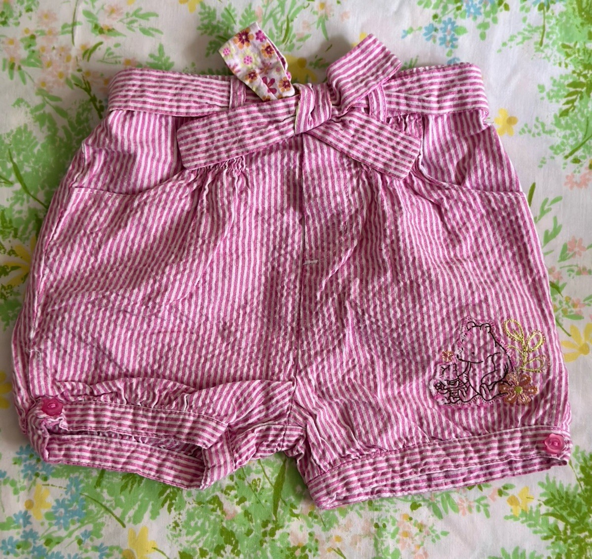 Vtg Winnie The Pooh Pink 100% Cotton Seer Sucker Bubble Bow Shorts Girls 18m