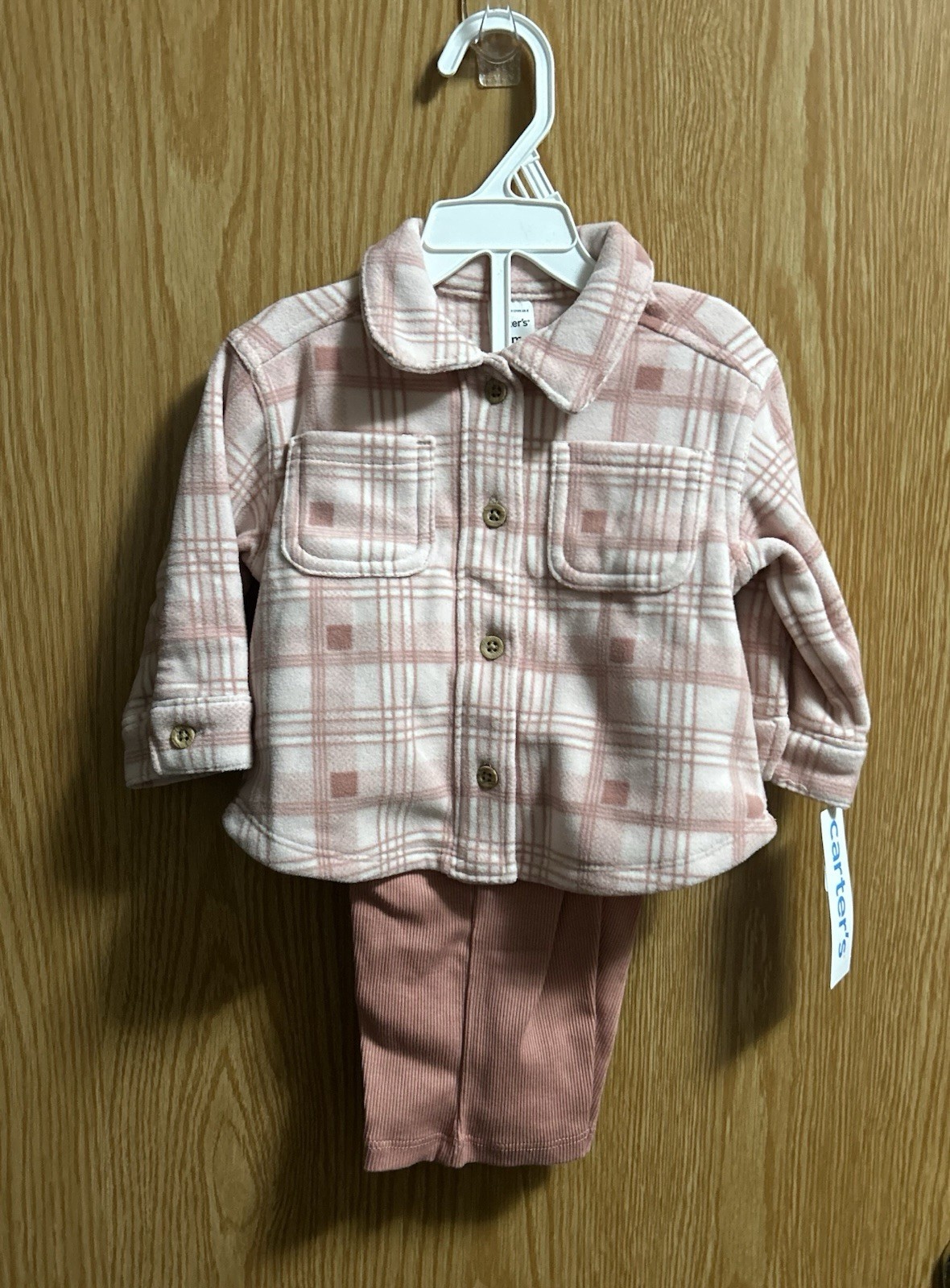 2pc Pink & White Plaid Fleece Long Sleeve Shirt w/Pink Pants Set