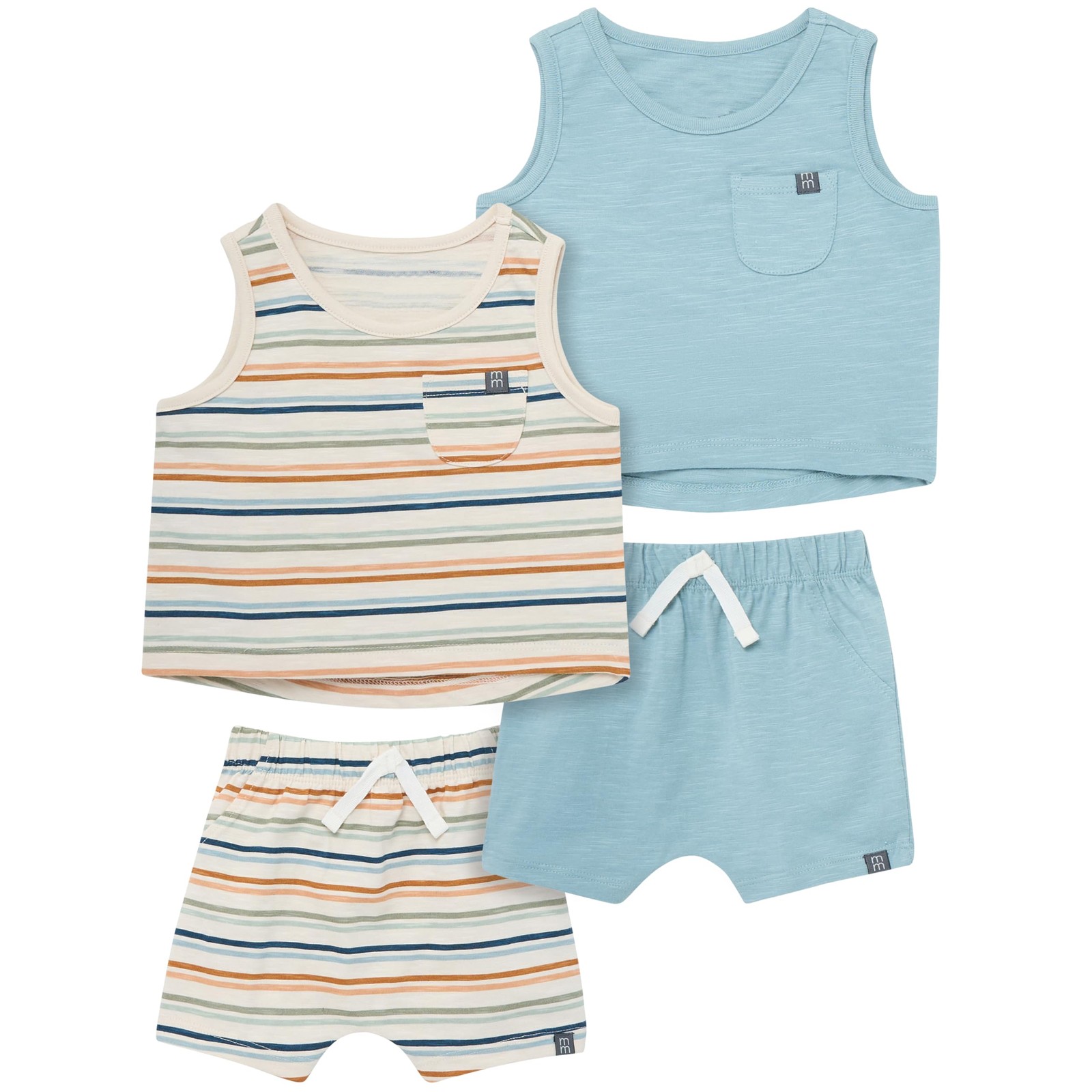 Baby Boys’ Sleeveless Shirt and Shorts Set, Beige Stripe/Medium Teal, 18 Months