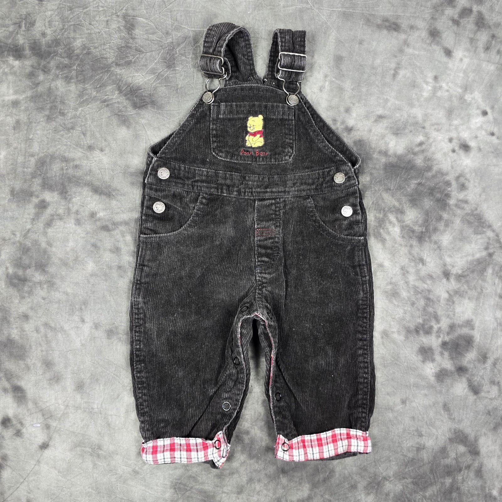 Vintage Winnie the Pooh Overalls Shirt Set Sz 12M Corduroy Disney Flannel Plaid
