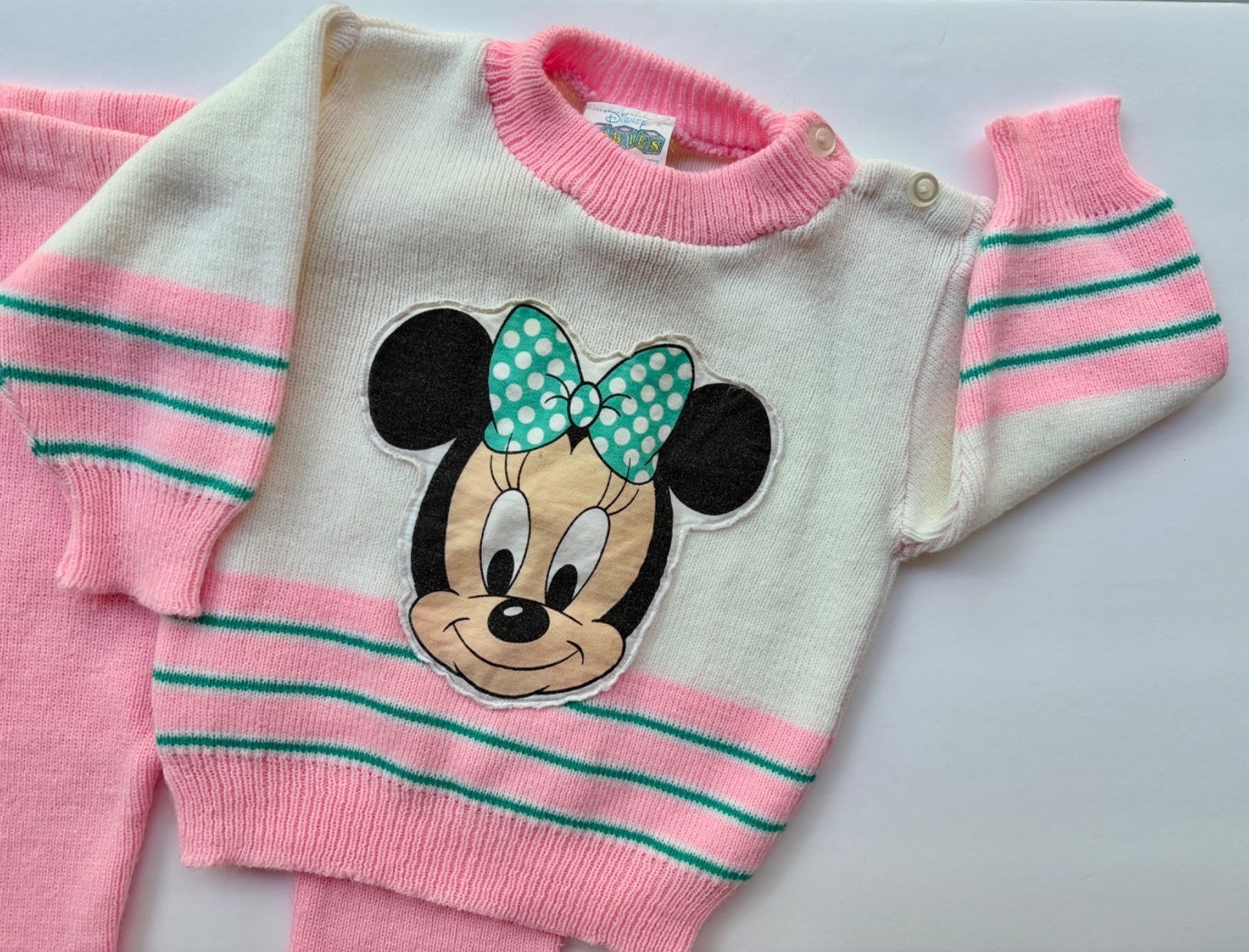 VTG 1984 Disney Babies Minnie Mouse Knit Sweater Pants Hat Set 0-6M Pink/Teal