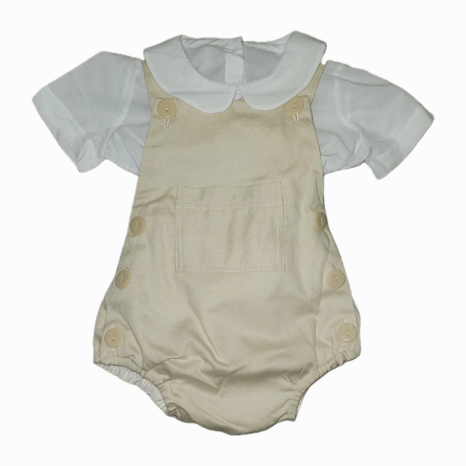 Vintage Baby Boy 6 Month 2 Pieces Set Beige Short Overall + White Shirt