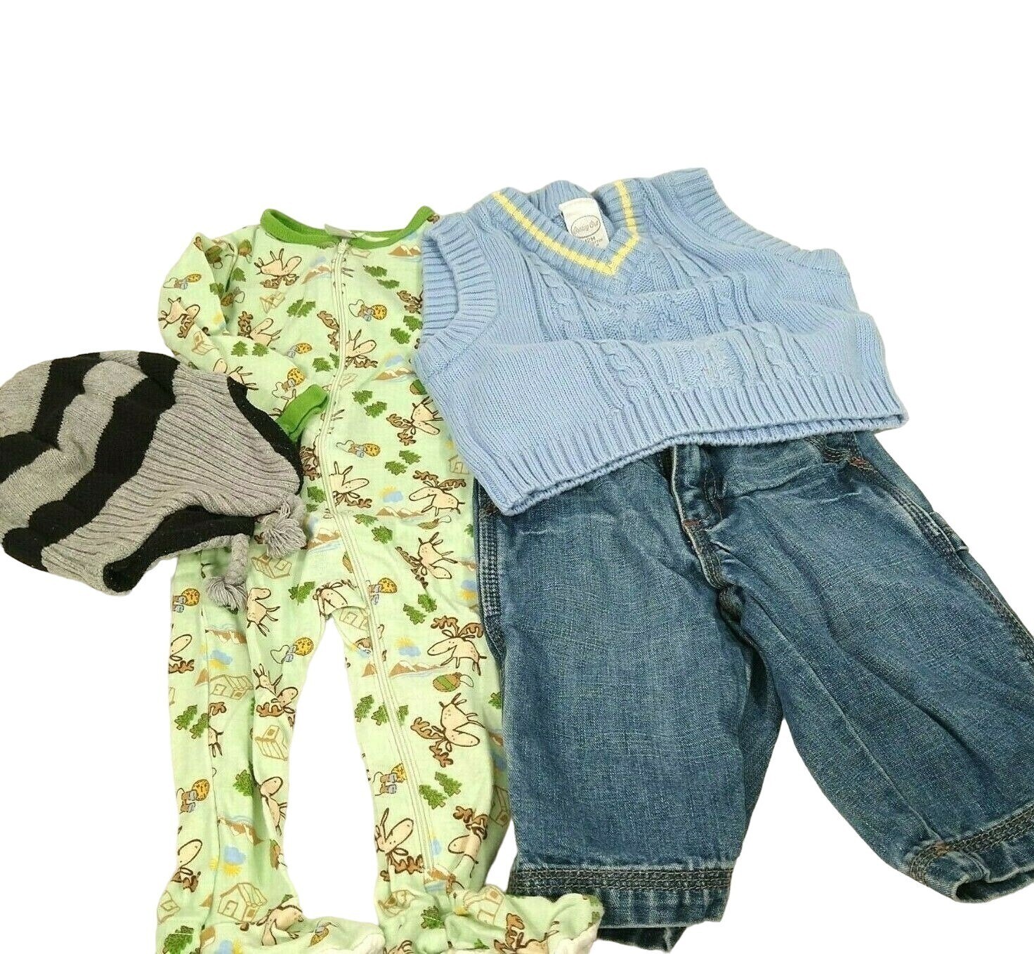 Lot of 4 Pc Outfit with Sweater Jeans Pajamas Hat Boys Size 12 Month Mixed Brand
