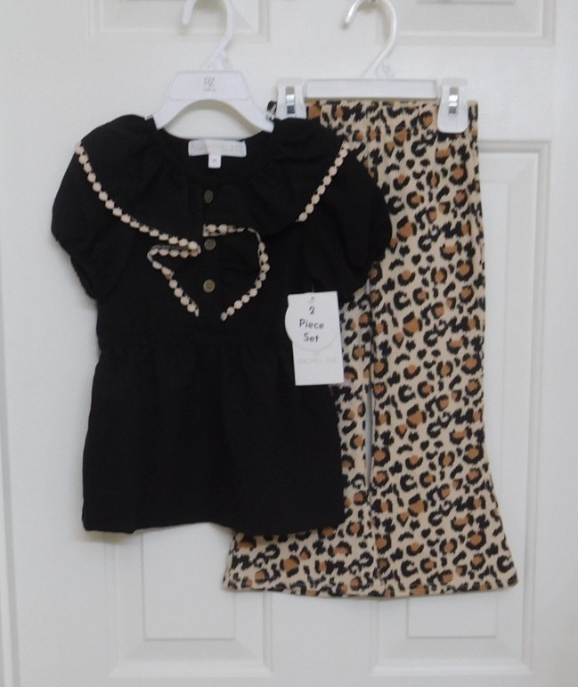 NWT 2pc Rachel Zoe Black Beige Trim Top & Flared Pants Set sz 3t or 4t