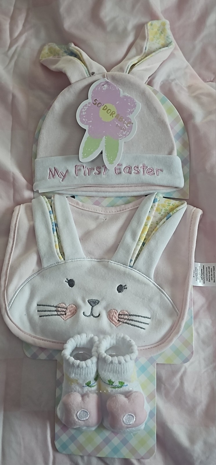 So’Dorable My First Easter Bunny 3pc Hat Bib Booties Set Pink 0-12M