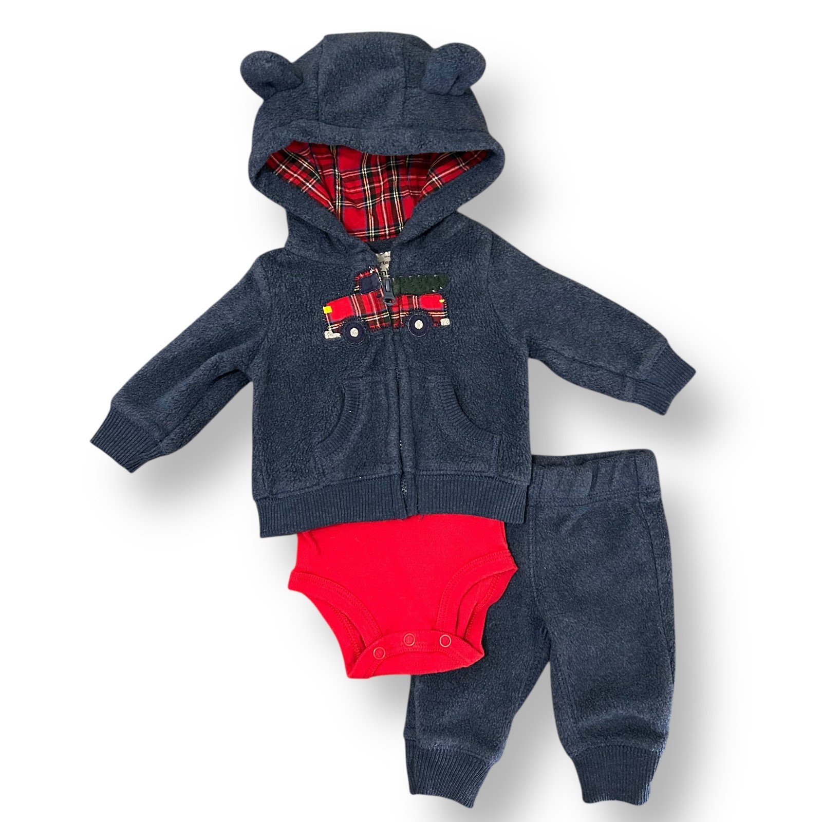 Newborn Baby Boy Outfit Carter’s Navy and Red Teddy Bear Hoodie and Pants Set