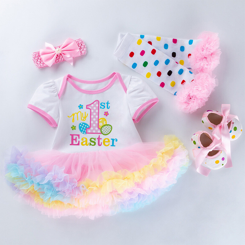 4Pce Set Easter Baby Girl Suit Wrapped Letter Print Tutu Skirt Holiday Dress