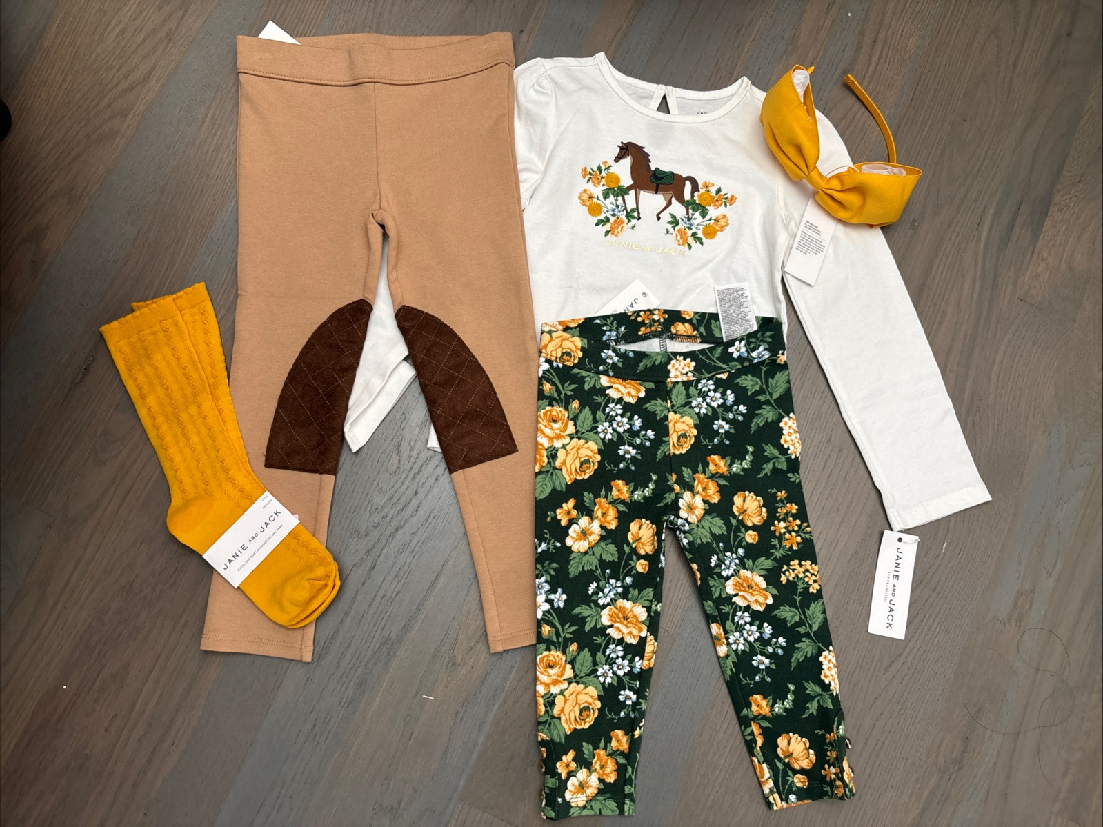 NWT Janie and Jack girl 4-piece SPRING floral horse equestrian bow SET 12 18 4T