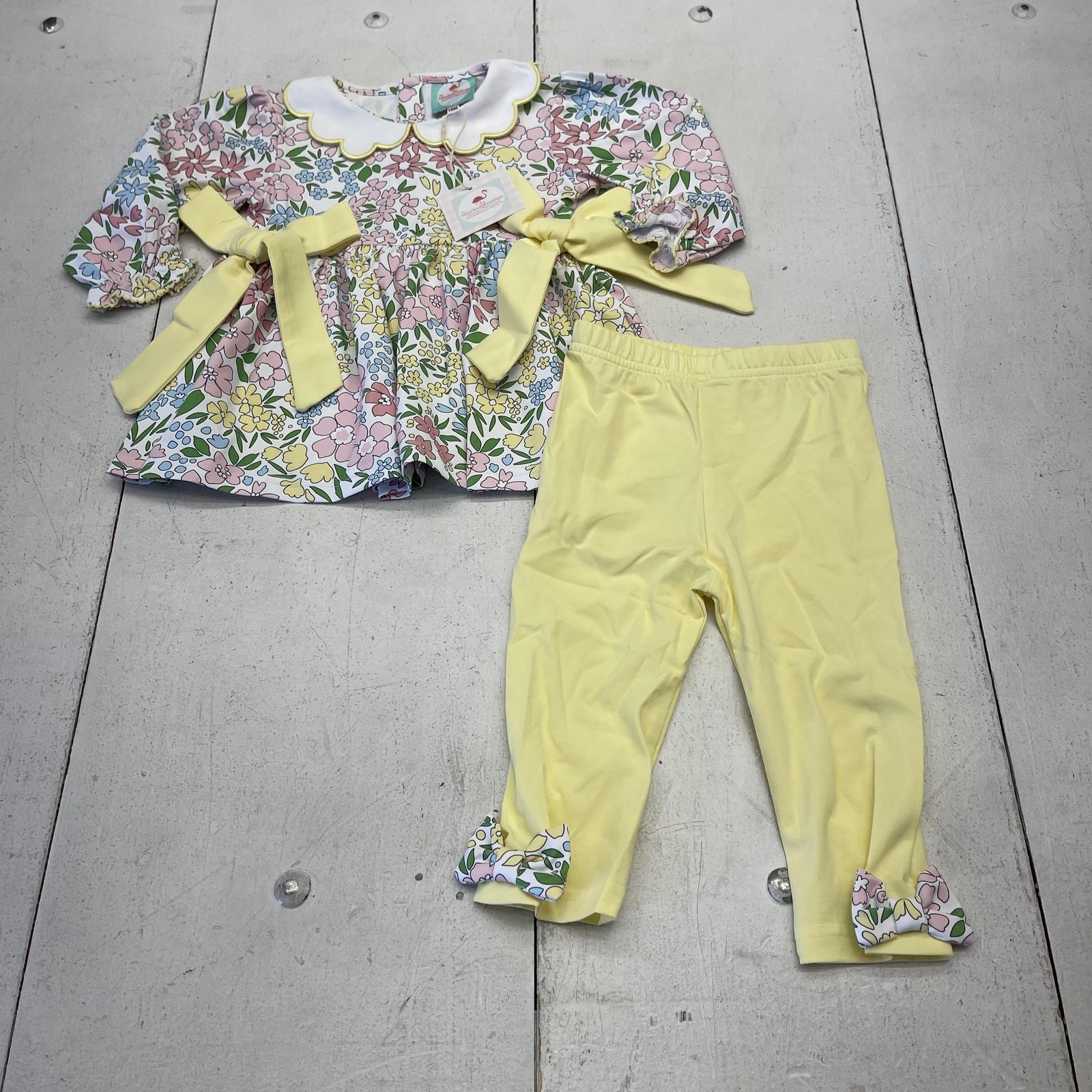 The Smocked Flamingo Dress Pants Set Baby Girls 18-24M Yellow Floral Knit