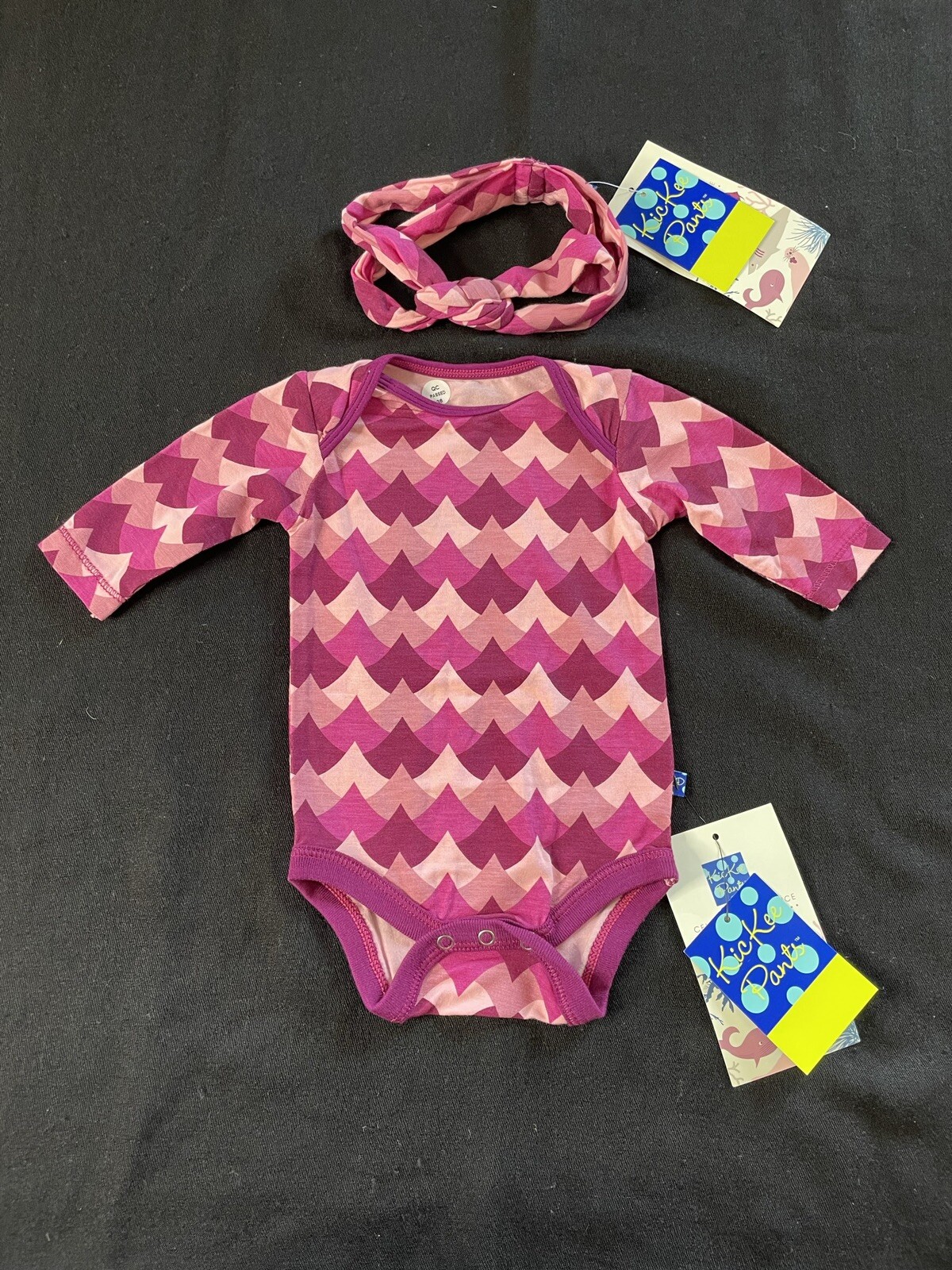 KicKee Pants NWT Burgundy/Pink Melody Waves Bodyshirt & Knotted Headband-0-3Mos