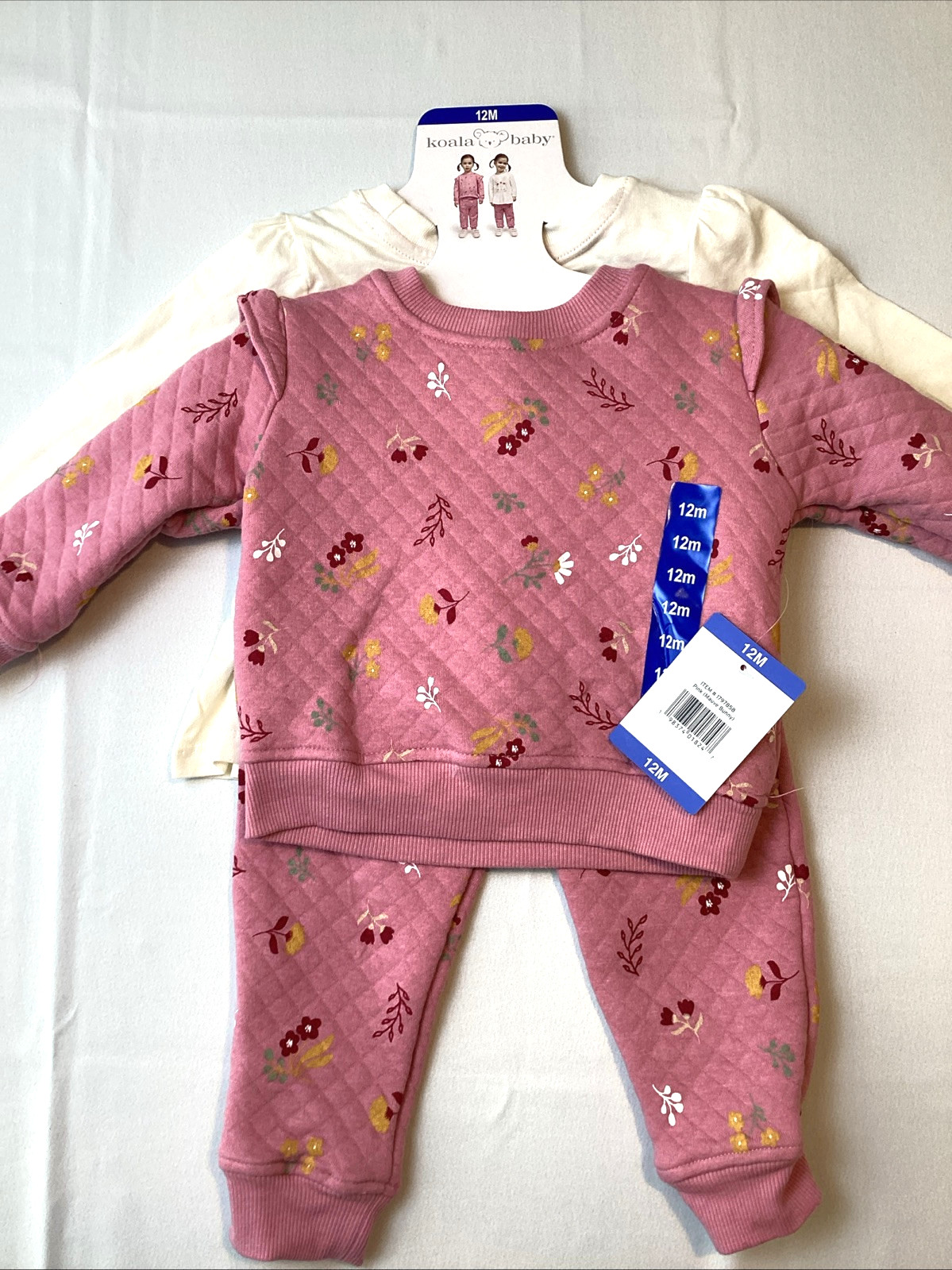 Koala Baby Infant Girl 3 Piece Set Pants, Top & Sweater, Pink Mauve Bunny, 12M