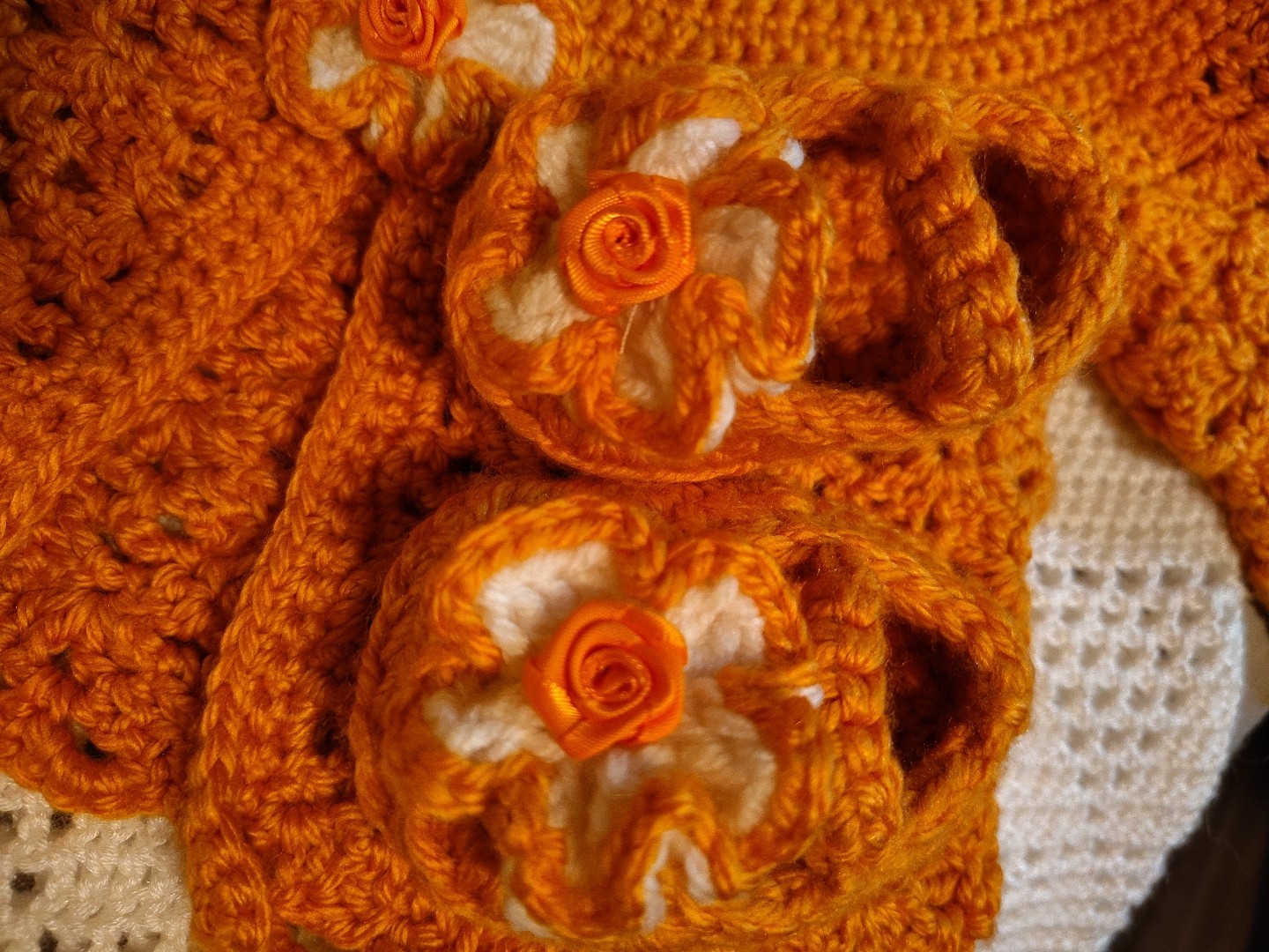Fall Pumpkin Color Handmade Crochet Baby Jacket Set- Accents Easily Removed