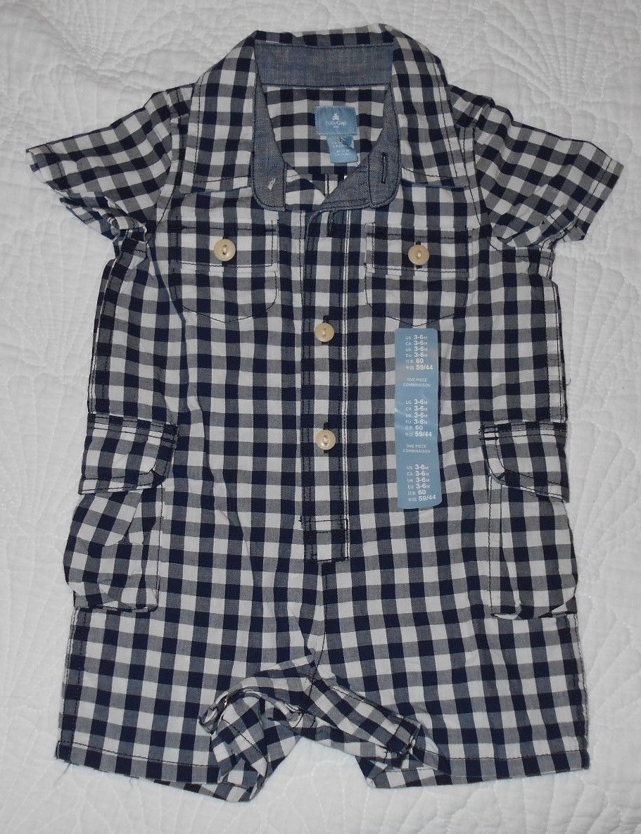 Baby Gap Boys 3/6 Months Navy Blue & White Gingham One Piece Outfit NWT $24.99