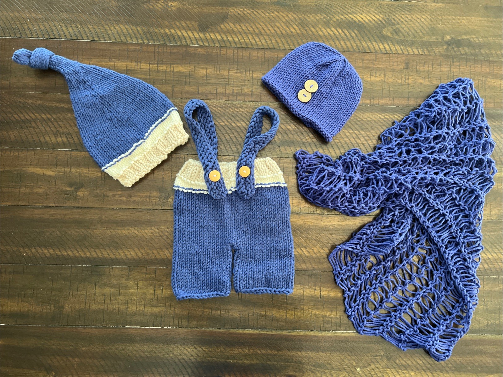 Newborn Boy Crochet Photo Outfit With Overalls, Hats, Wrap, Blue