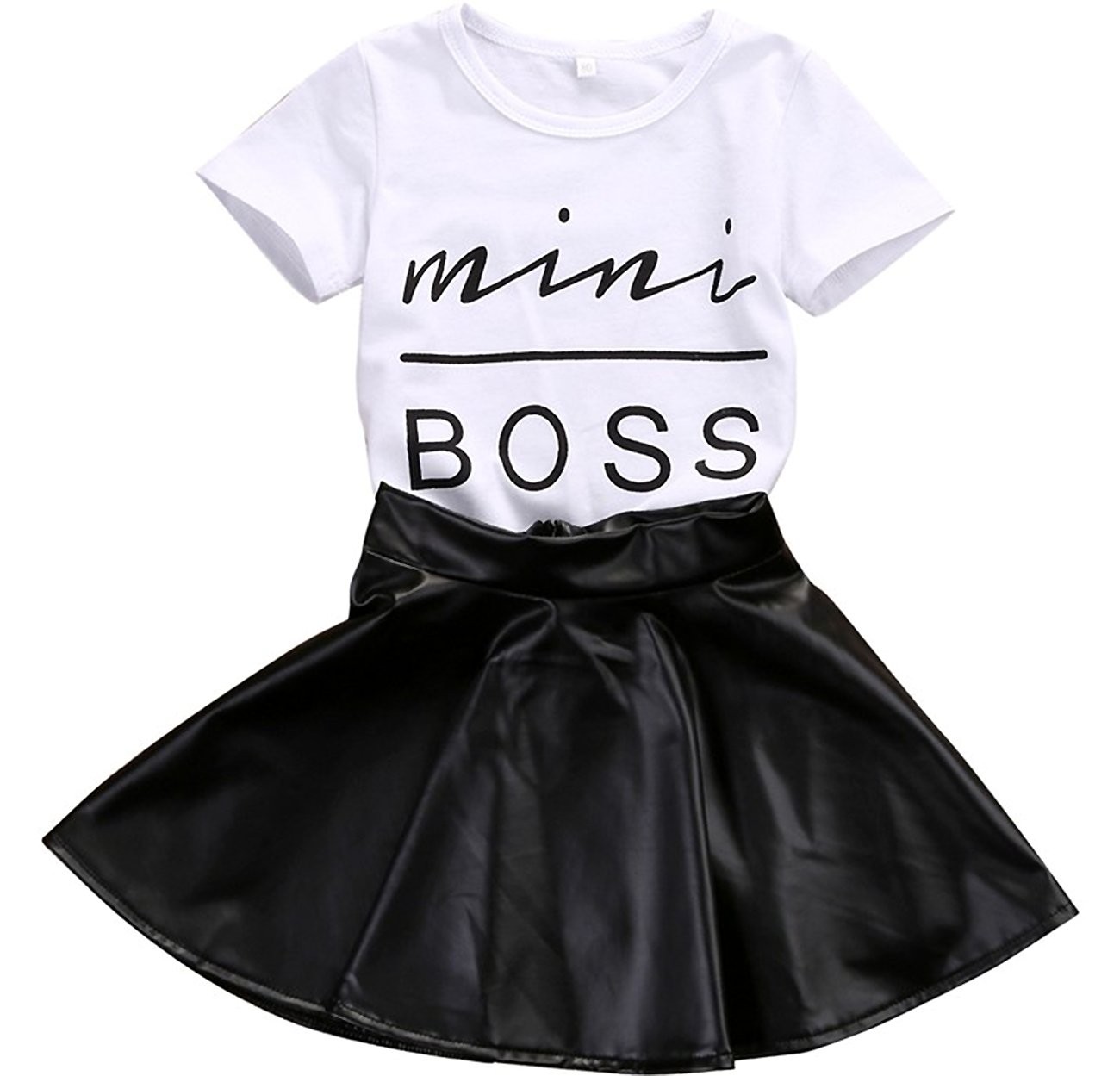 Kids Baby Girls Mini Boss Letters Short Sleeve Tops +Leather Skirt (2T, White)