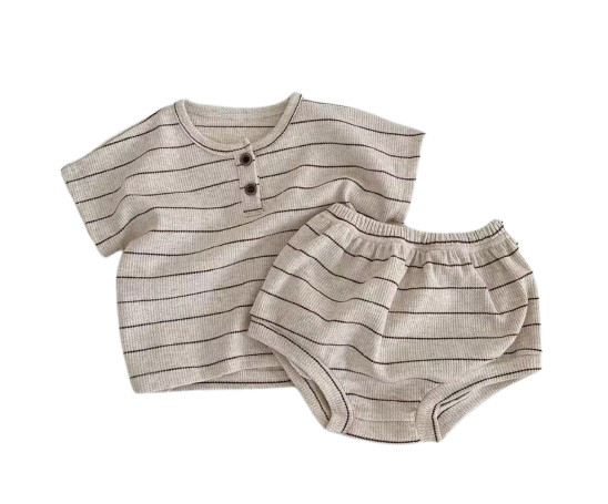 Infant Baby Unisex Summer Set – Striped Short Sleeve Top & Bloomer Shorts 2‑Piec