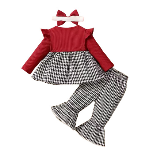 Baby Girl Fashion Cute Round Neck Thousand Bird Grid Color blocked Lotus Leaf Si