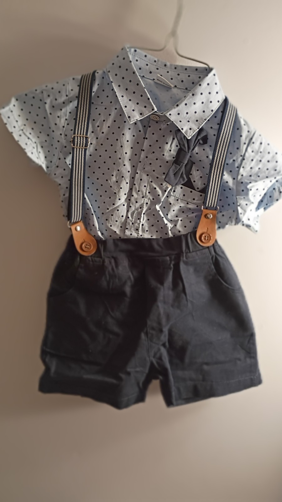 Cat & Jack Boys Polka Dot Shirt Shorts Set 3-4T w/ Bow Tie & Suspenders