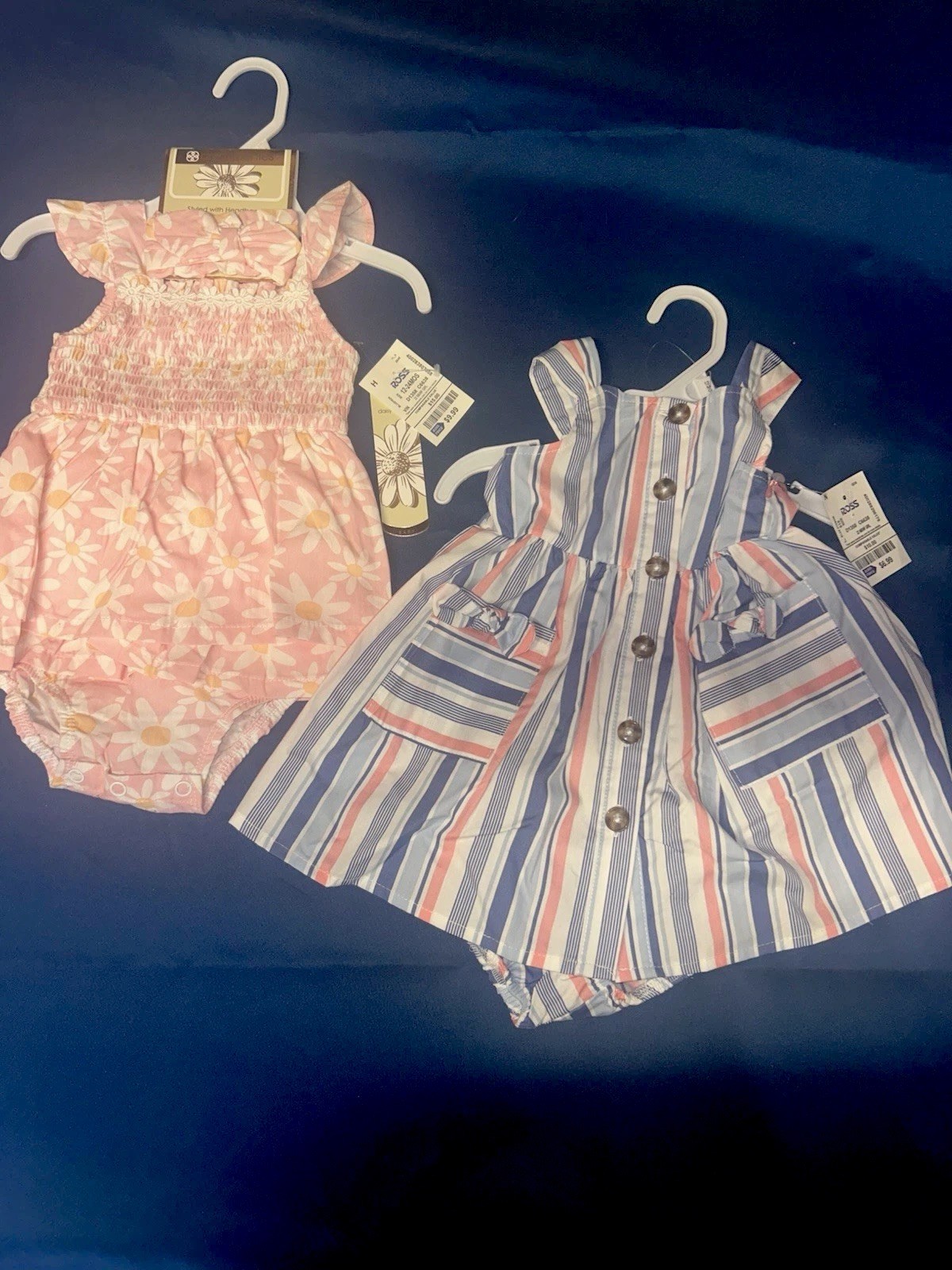 New W/ Tags 2 Baby Outfits Summer Girls 12-24 Mo Stripe & Floral With Hair Bow