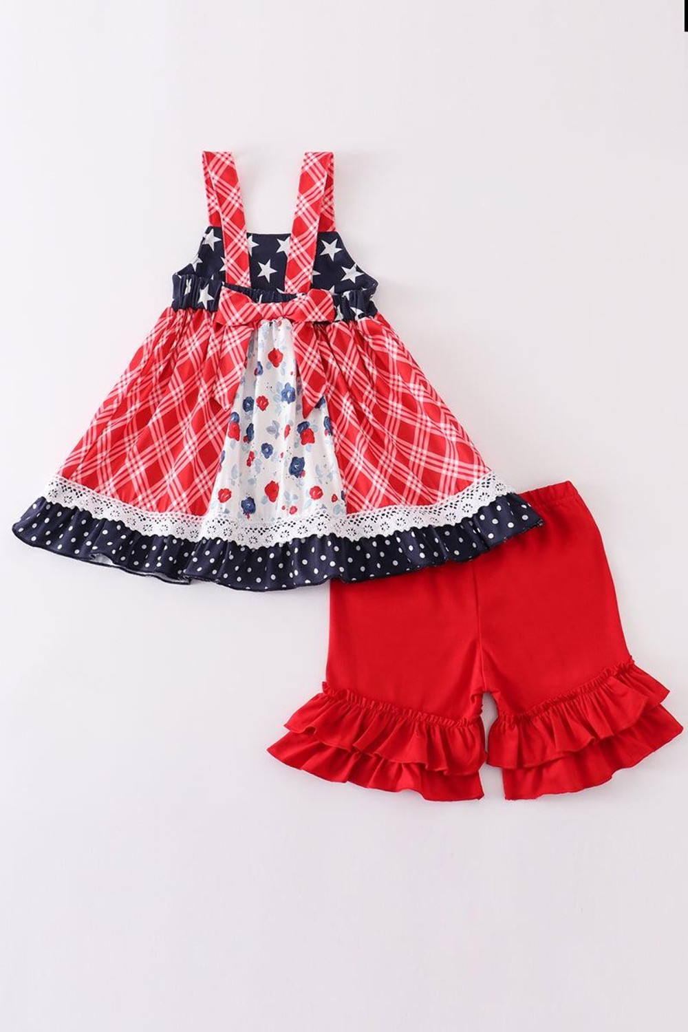Abby & Evie Girl’s Boutique Patriotic Floral Plaid Lace Smocked 2 Piece Set 4th