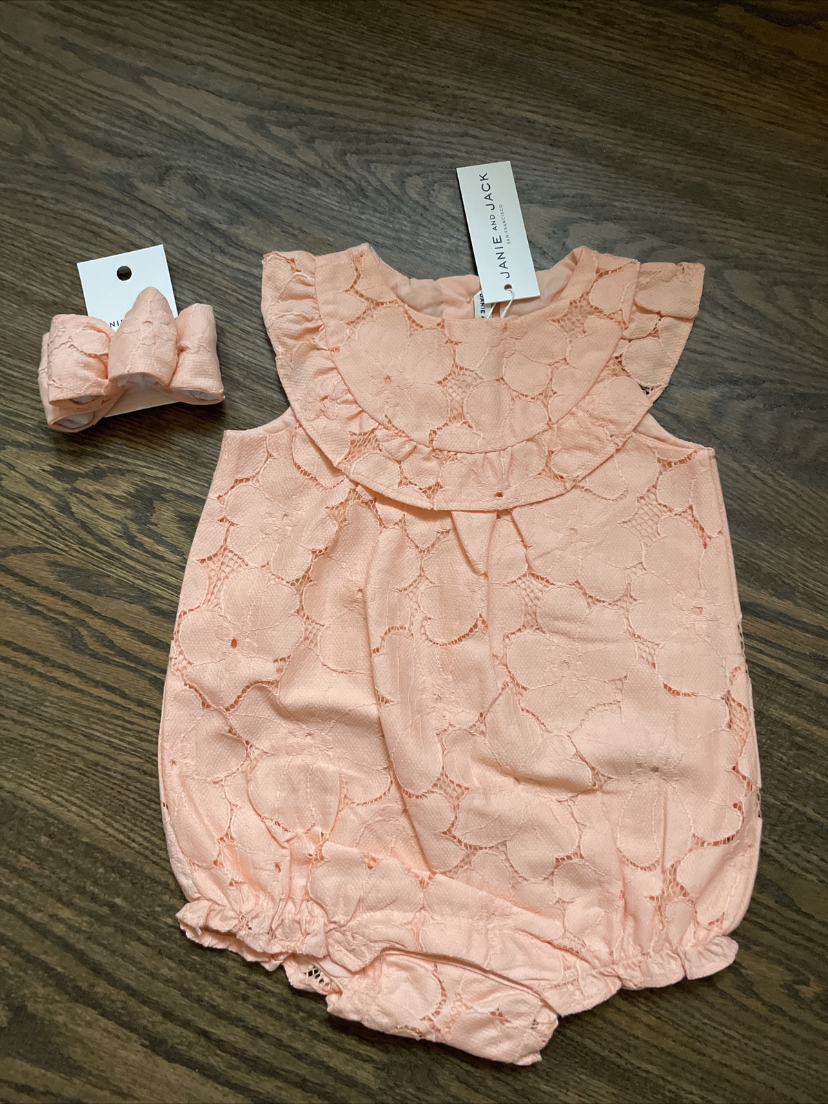 NWT Janie and Jack girl 2-piece peach lace romper dress SUMMER SPRING 12 18