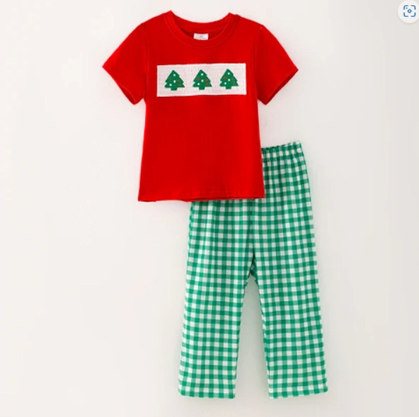 NEW Boutique Christmas Tree Boys Smocked Embroidered Shirt Plaid Pants Outfit