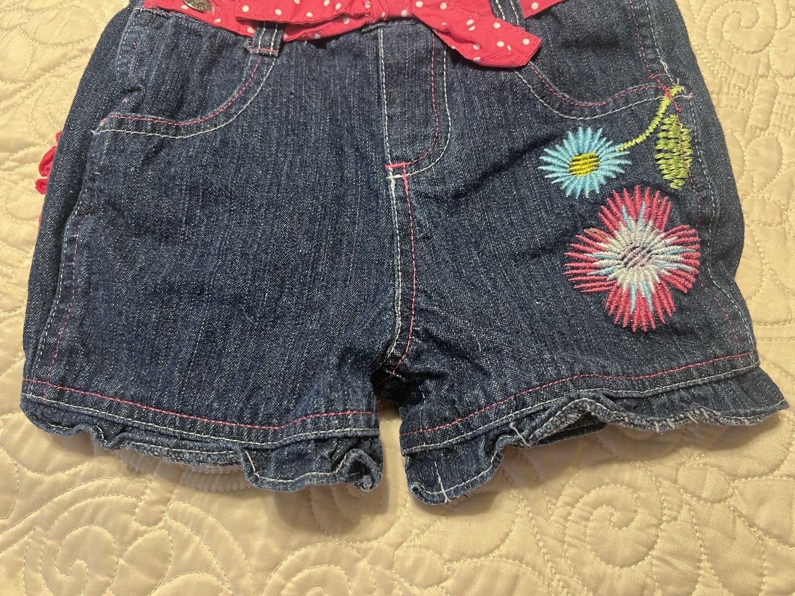 Young Hearts Girls Denim Bib Overall Shorts with Floral Embroidery Sz 24M