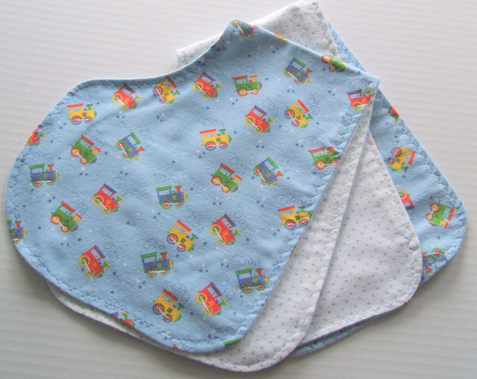 Flannel Baby Set Blue w/ Trains 2 Blankets 2 Burb Cloths 1 Full Body Bib Reverse