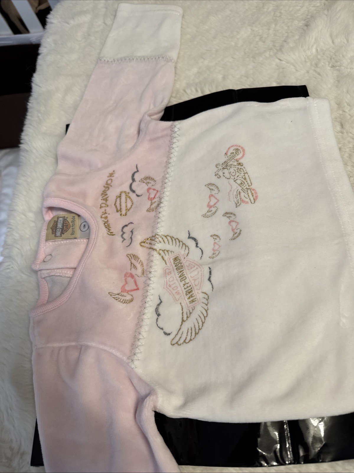 Harley Davidson 12 Month Girl Baby Pink Velour Long Sleeve Top