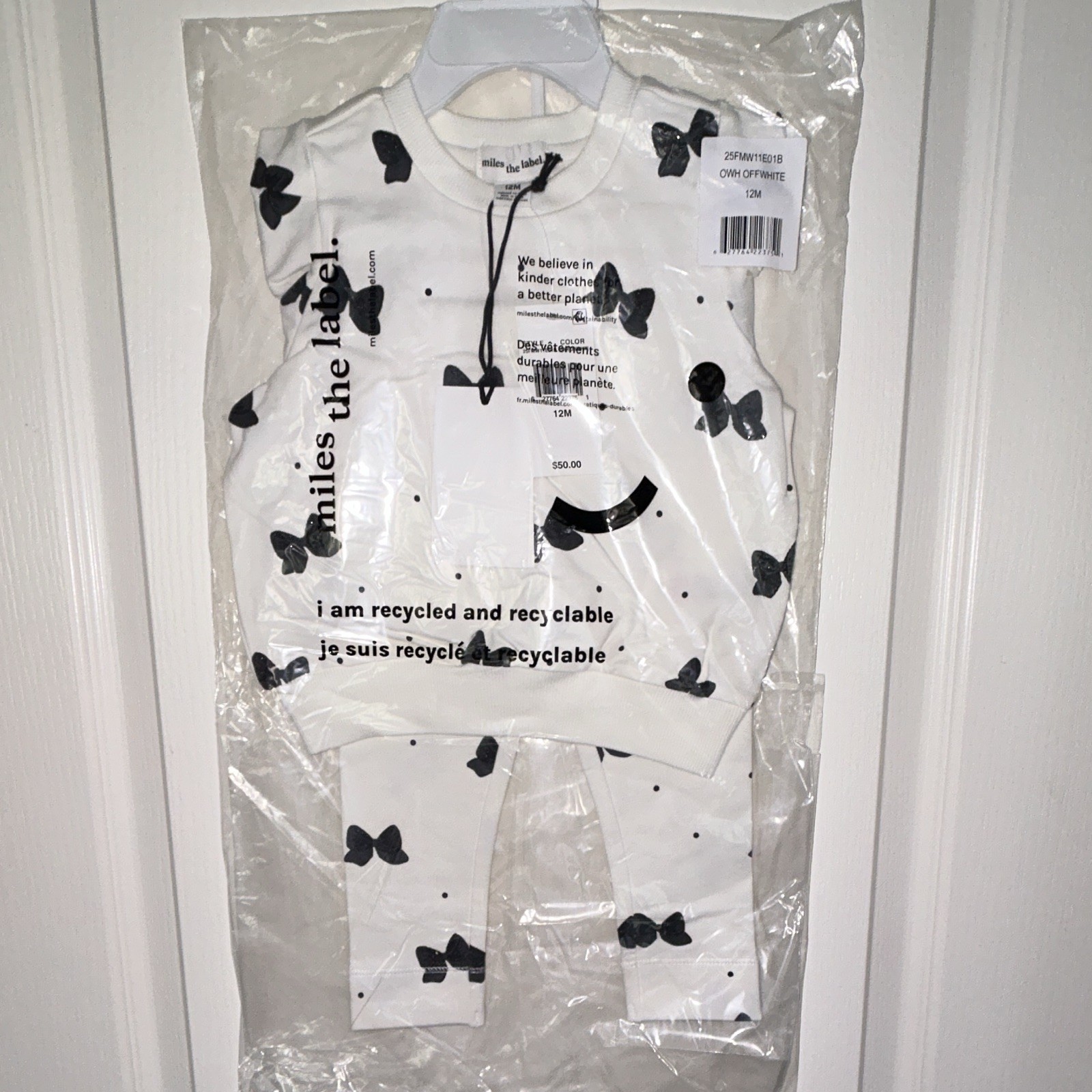 Miles the Label 2pc Bow Sweatshirt Pants Set White/Black 12M 25FMW11E01B