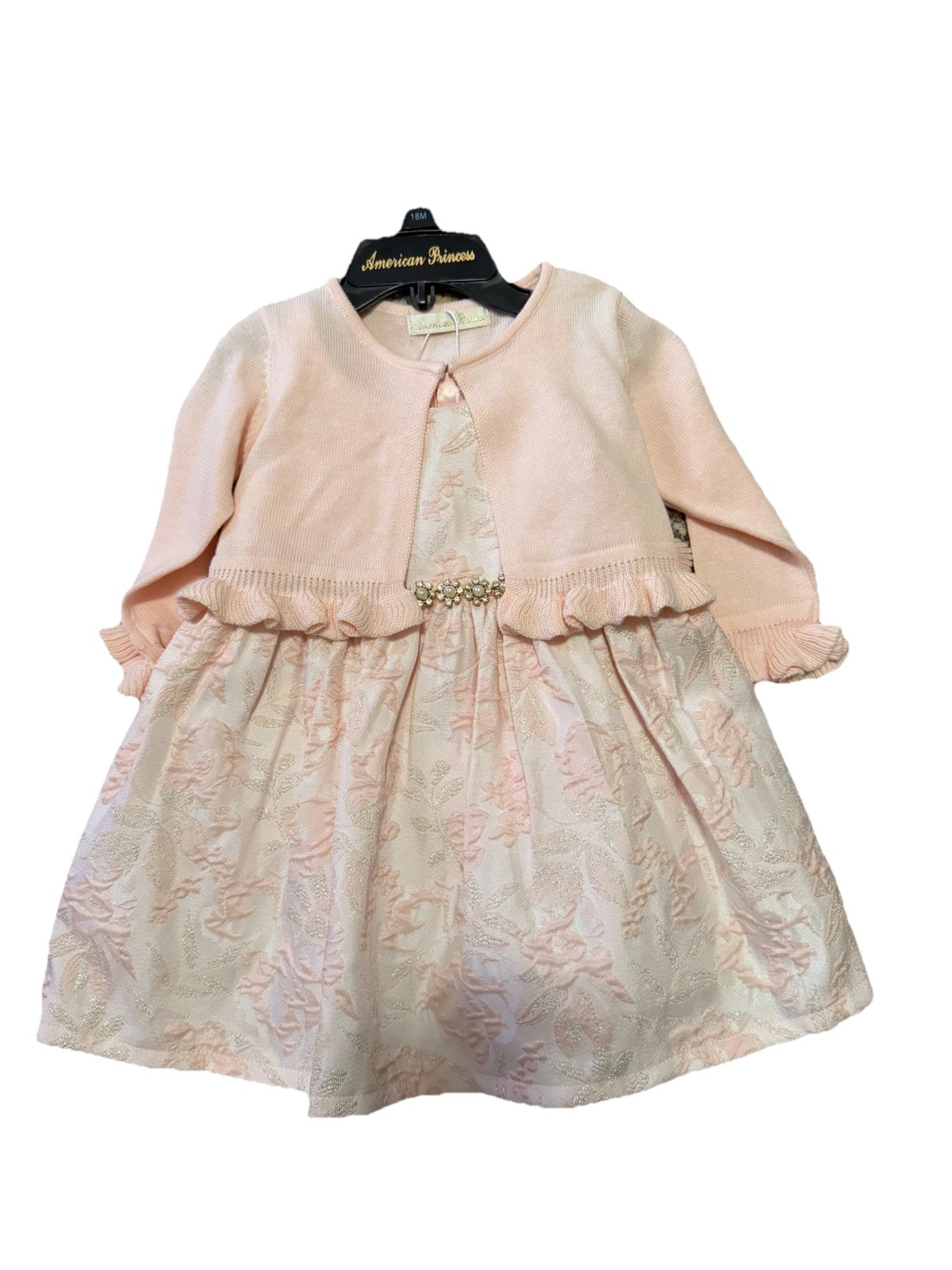 American Princess Girls 18M Pink Floral Dress Set with Sweater, Bow, Ruffle