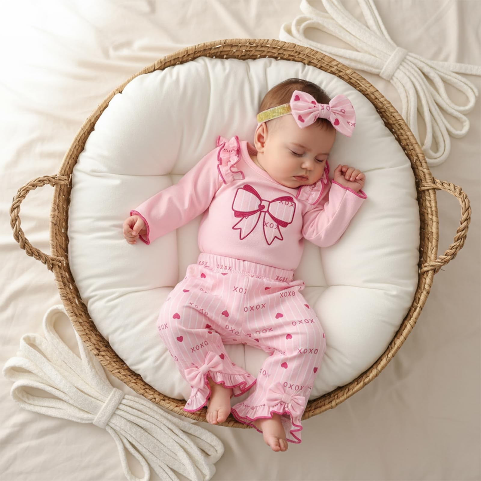 Infant Baby Girls Outfits Long Sleeve Crew Neck Bow Print Romper Elastic Wais…