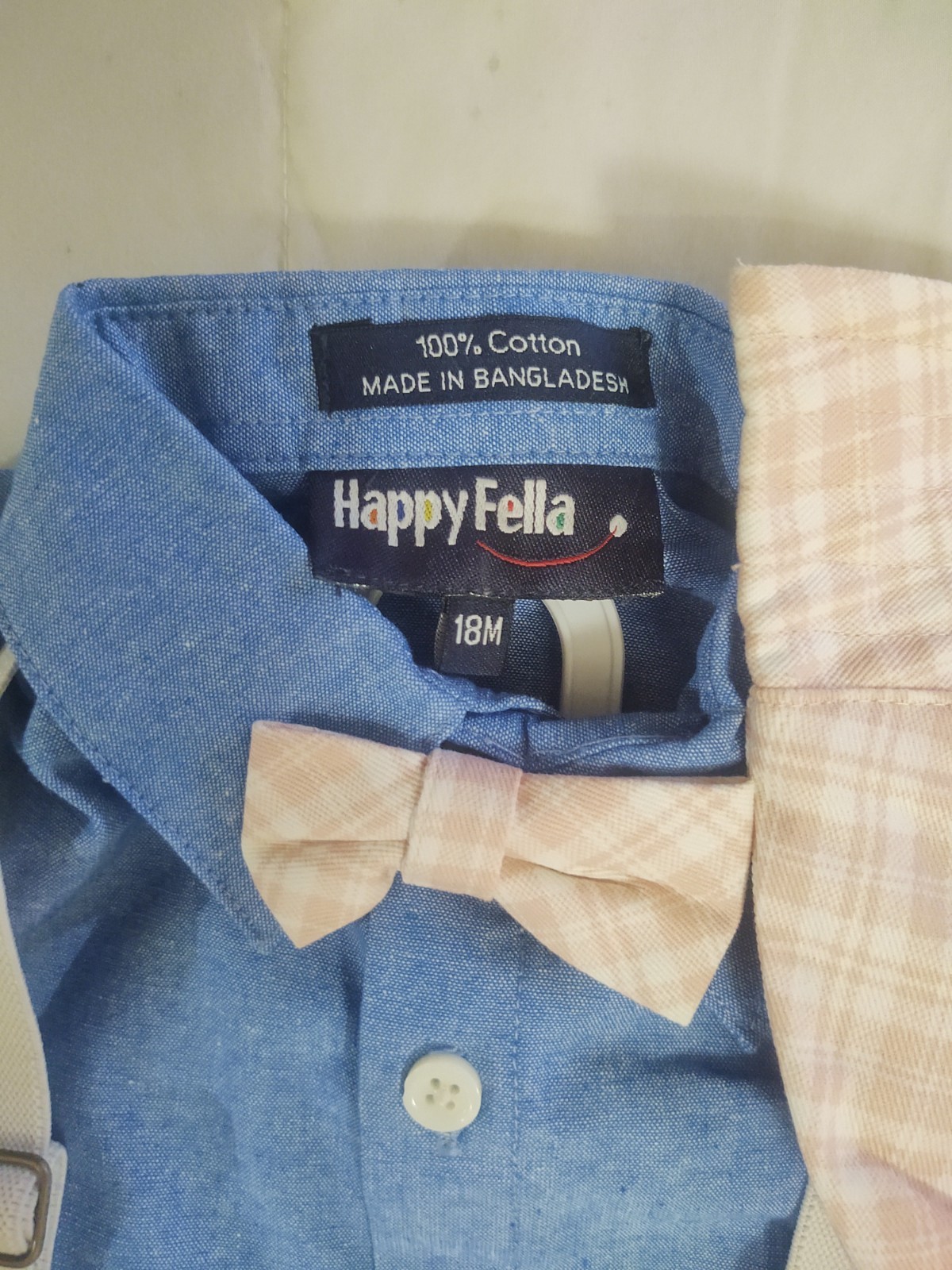 Happy Fella Baby Boy 18 Mos Suspenders Outfit Set Plaid Shirt Hat Shorts