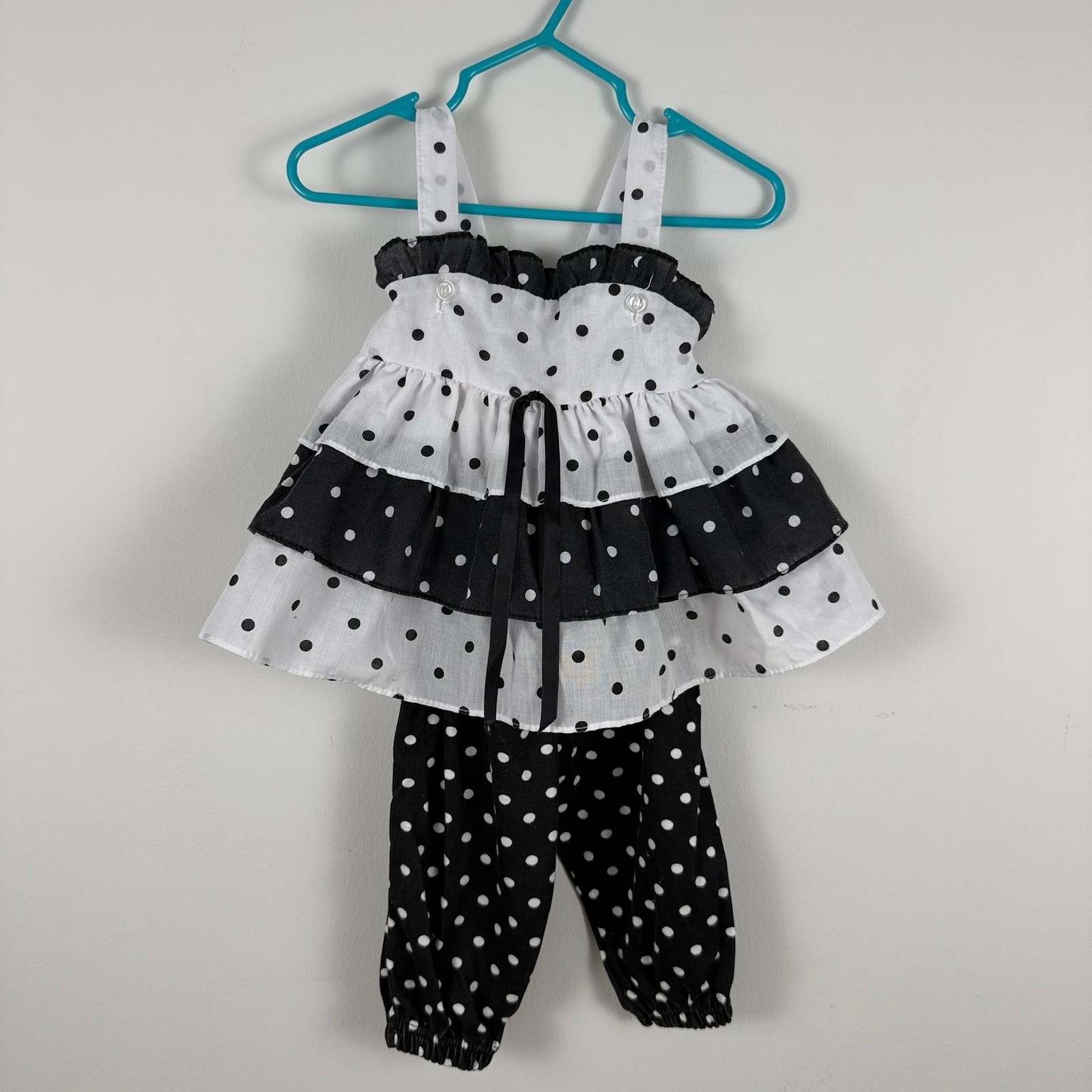 Vintage Polka Dot Ruffle Tunic and Bloomer Set Black White Kids 2-Piece