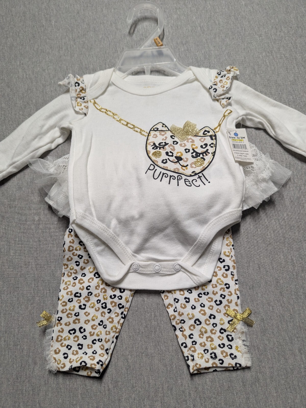 DDG Darlings Top and Skirted Pant Set 0-3 Months Cream Gold Purrfect Kitty Cat