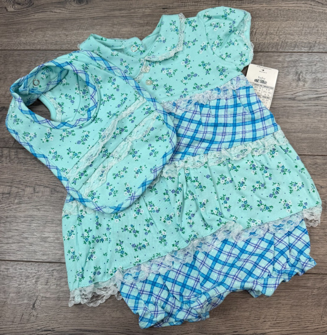 Baby Girl New Vintage Okie Dokie 3-6 Month 2pc Blue Floral Romper & Bib Outfit