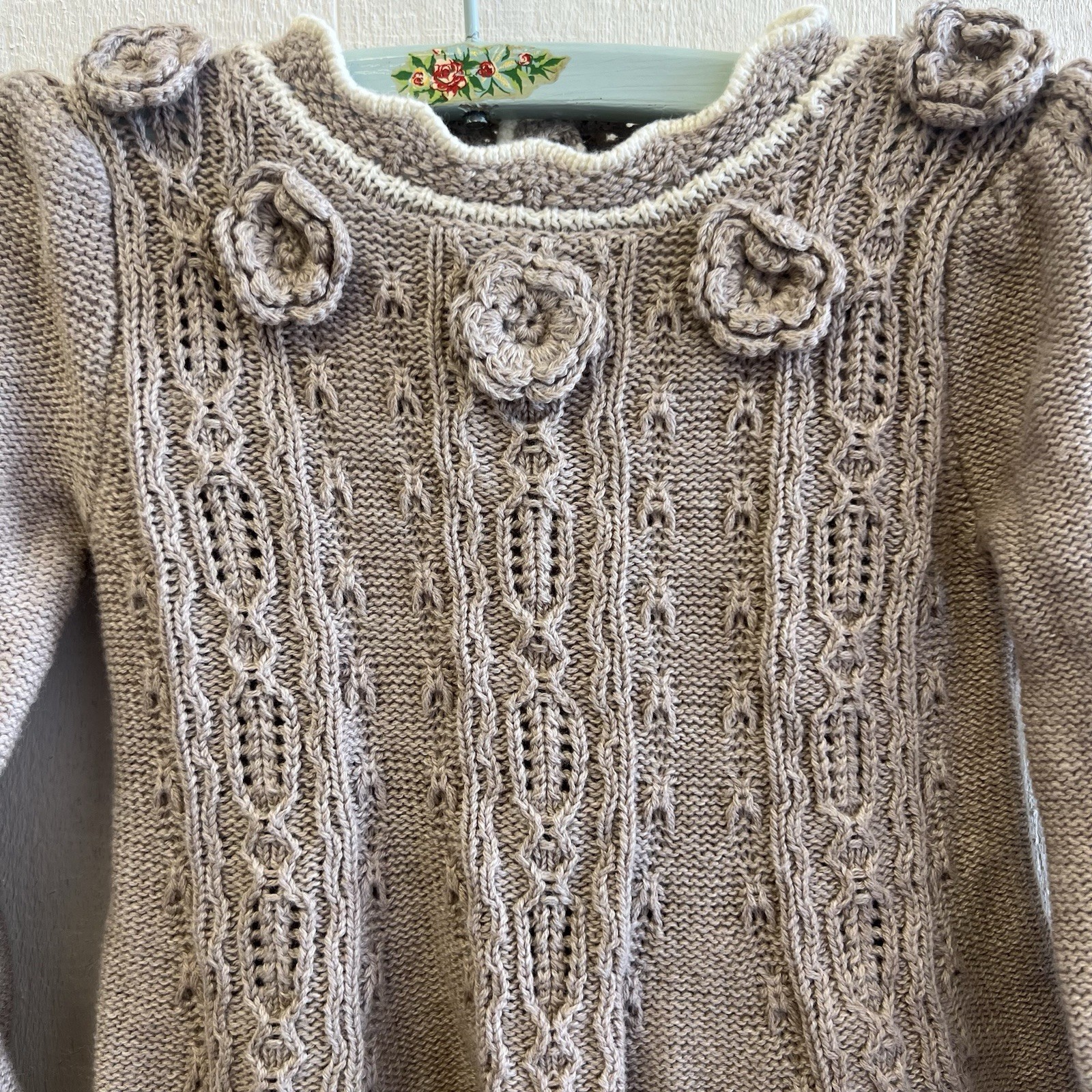 Cynthia Rowley Baby Girl Knit Dress Booties Set 6-9 Taupe Floral Cable Knit NWT