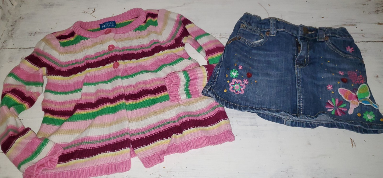 4T 4 Lot The Children’s Place Pink White Green Stripe Sweater Denim Skirt *W24