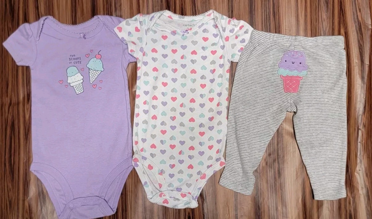 CARTER’S BABY GIRL 6M ICE CREAM PURPLE PINK HEARTS 3 PC SET PANTS & BODYSUITS