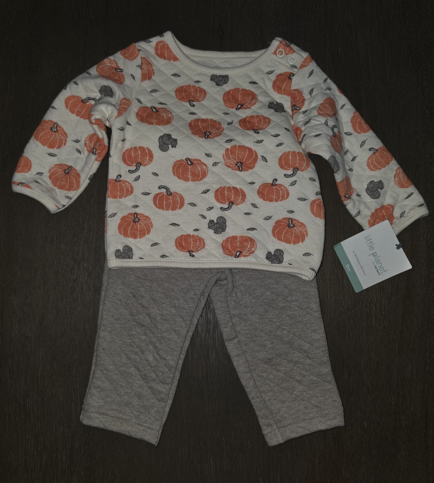 NEW UNISEX LITTLE PLANET BY CARTER’S PUMPKIN FALL QUILTED OUTFIT SIZE 6 MONTHS