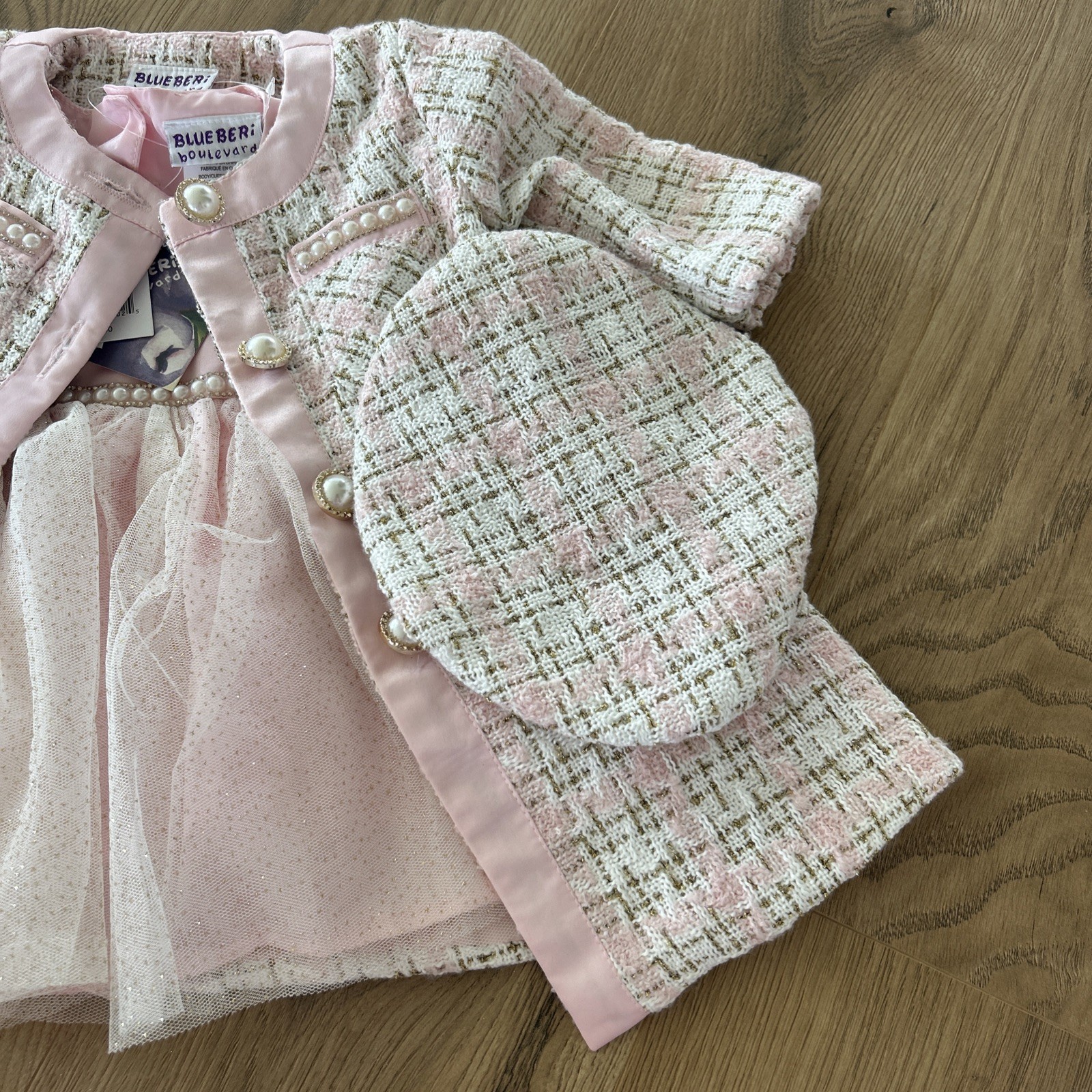NEW BLUEBERI BOULEVARD Tweed Jacket, Dress & Hat 3-Pc Set Pink Gold Girl’s 12M